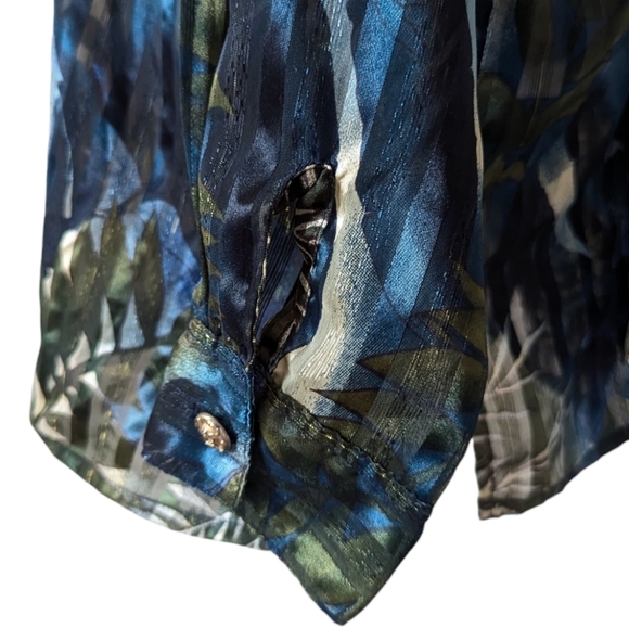 Vintage Sheer Tropical Top 20W Sparkling Gold Buttons Green Blue Button Down 2X - Picture 7 of 8